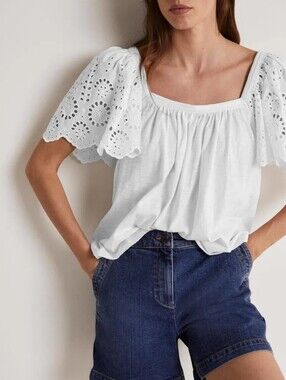 Boden White Eyelet Square Neck Blouse